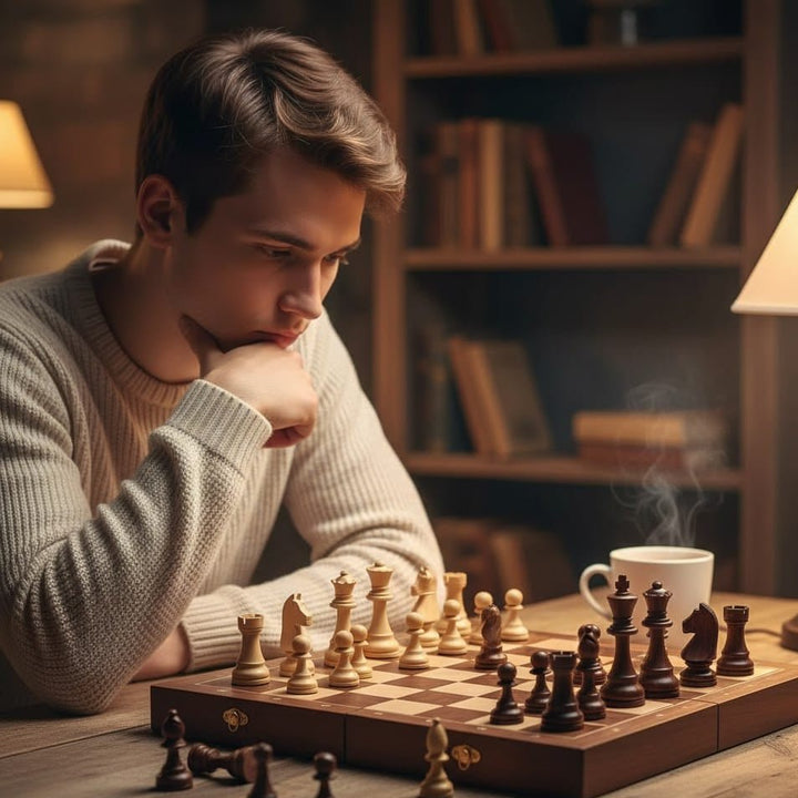 Close-up of finely carved solid wood chess pieces, part of a premium wooden chess set for strategy gameplay.