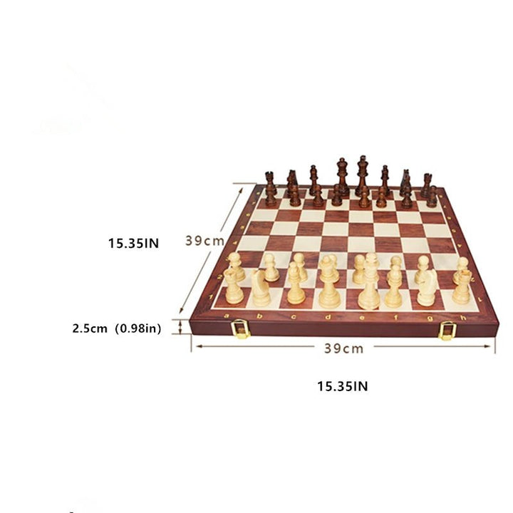 Unisex wooden chess set with solid wood pieces on a folding board, perfect family game & gift idea.