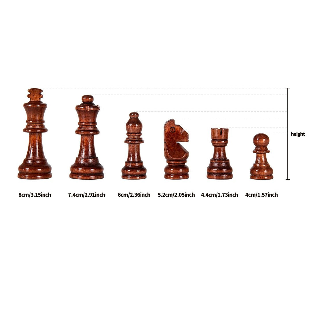 Portable travel wooden chess set featuring solid wood pieces & a convenient folding board for strategy games.