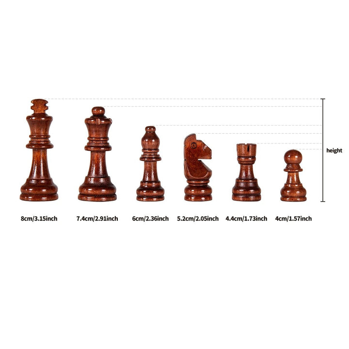 Portable travel wooden chess set featuring solid wood pieces & a convenient folding board for strategy games.