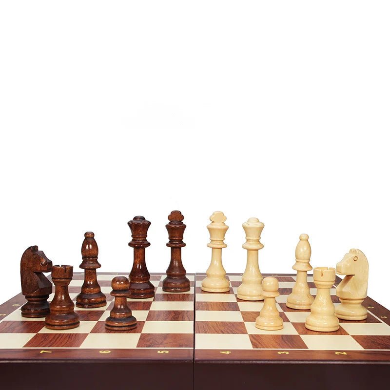 High-quality wooden chess set with solid wood pieces & a folding board, a premium strategy game gift.