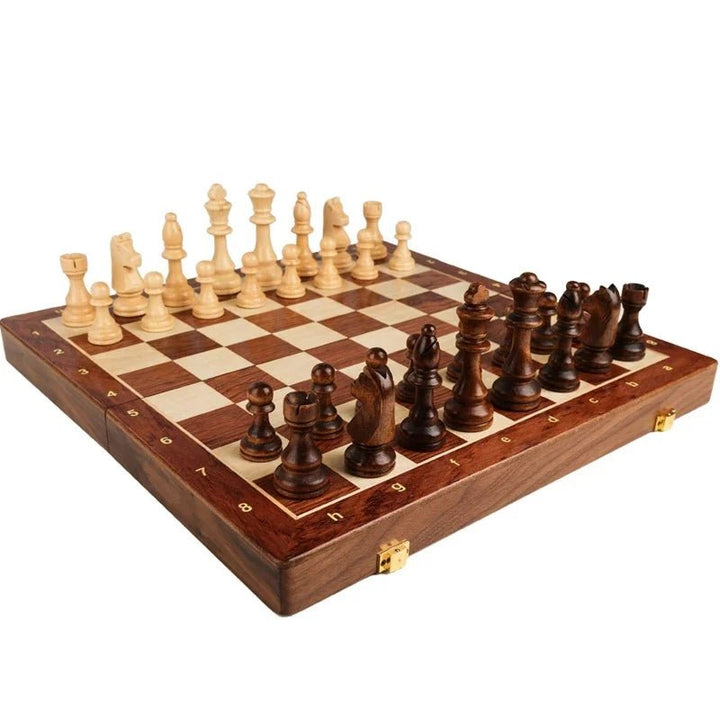 Classic wooden chess set with beautifully crafted solid wood pieces on a durable folding board, great for all ages.