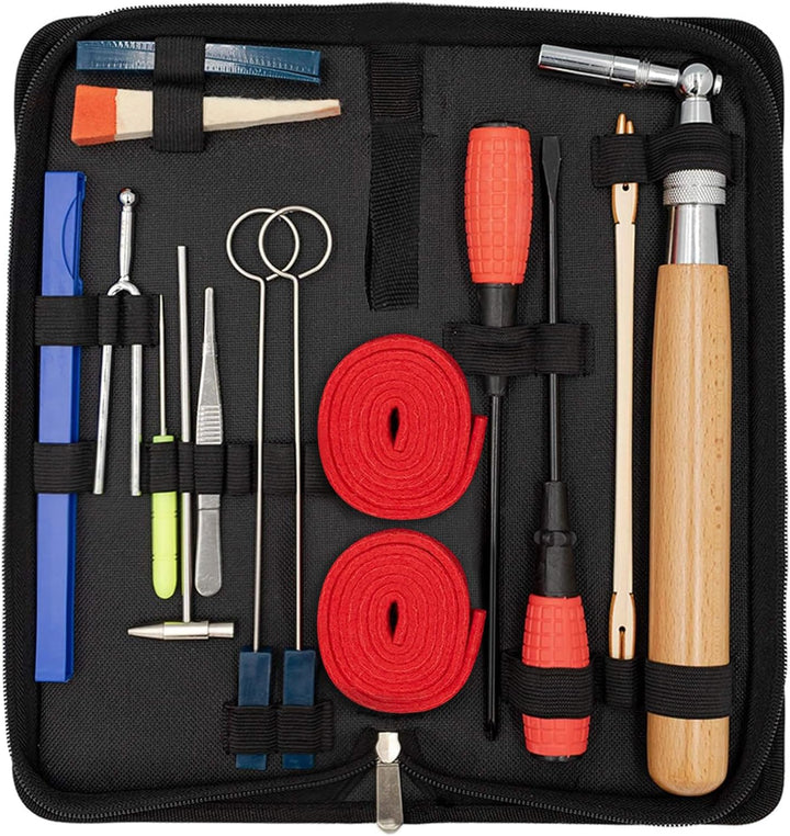 Professional 16-piece Arvena piano tuning kit with hammer, mutes, and tools in a durable case for precise instrument repair.
