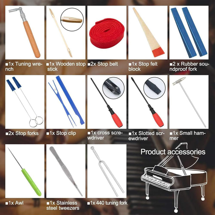 Assortment of piano tuning mutes and essential instrument repair tools from the comprehensive Arvena piano tuner kit.