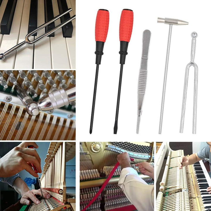 All 16 professional tools of the Arvena piano tuning kit laid out, showcasing components for complete piano maintenance.