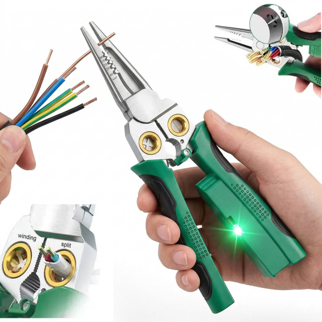 Professional 8-in-1 wire stripper, voltage tester, cable cutter, crimper & LED alarm for electricians & DIY.