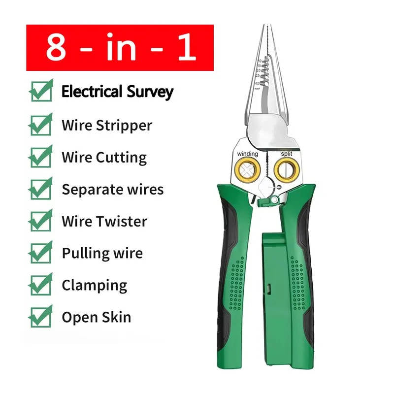 Versatile 8-in-1 electrical multi-tool: wire stripper, crimper, cable cutter, and voltage tester with safety LED alarm.