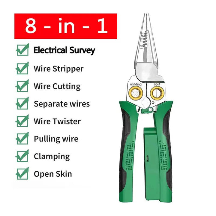 Versatile 8-in-1 electrical multi-tool: wire stripper, crimper, cable cutter, and voltage tester with safety LED alarm.