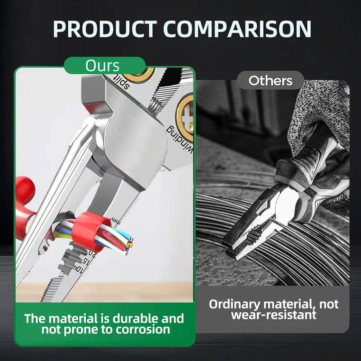 Handyman using professional 8-in-1 wire stripper & cable cutter for efficient electrical wiring projects and repairs.