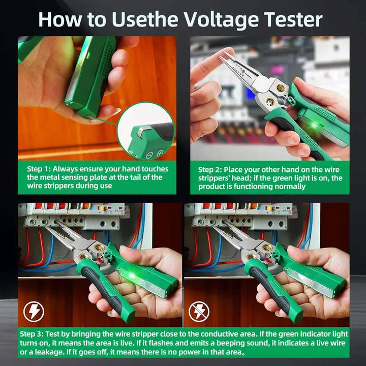 Ergonomic 8-in-1 wire stripper, crimper, and voltage tester. A professional electrical multi-tool for DIY tasks.