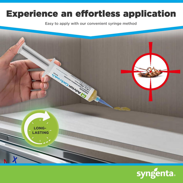 Hand applying professional roach killer gel bait syringe for targeted insect control in kitchens.