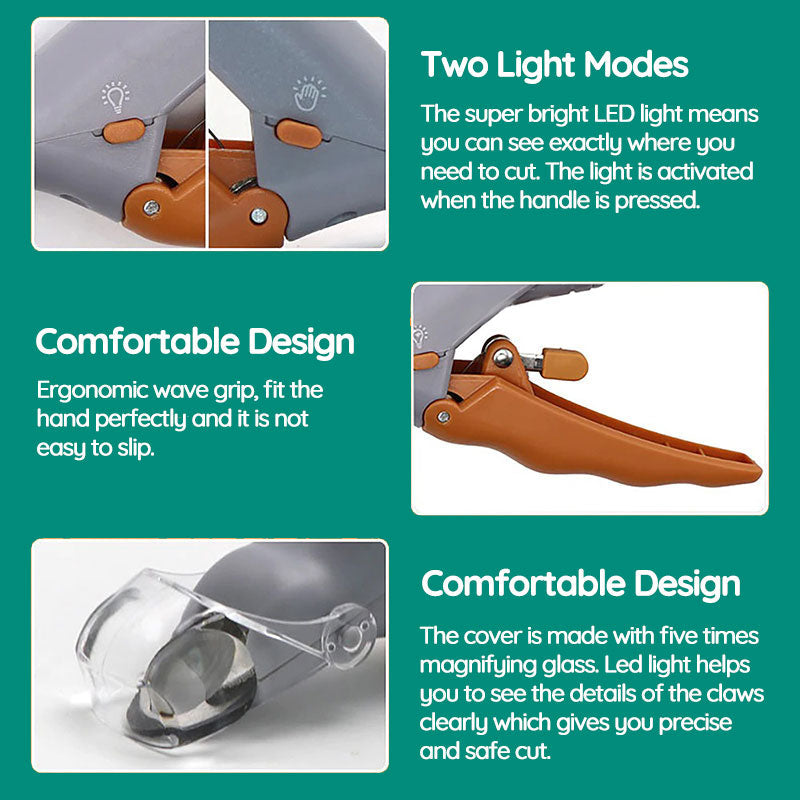 Ergonomic professional dog nail clipper, built-in LED light for clear visibility during pet nail trimming & care.