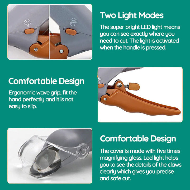 Ergonomic professional dog nail clipper, built-in LED light for clear visibility during pet nail trimming & care.