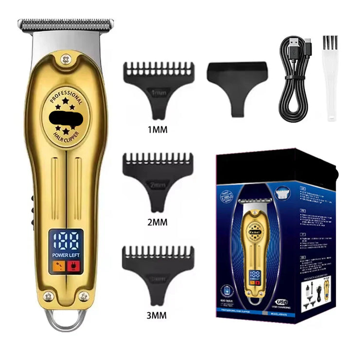 Professional electric hair cutting kit displayed with its various guide combs for different lengths