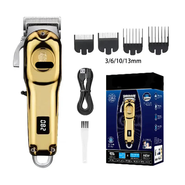All components of the professional electric hair cutting kit neatly arranged for home use