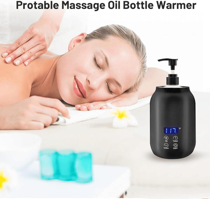 Electric massage oil warmer in a spa setting, providing warm, relaxing oils for professional therapy.