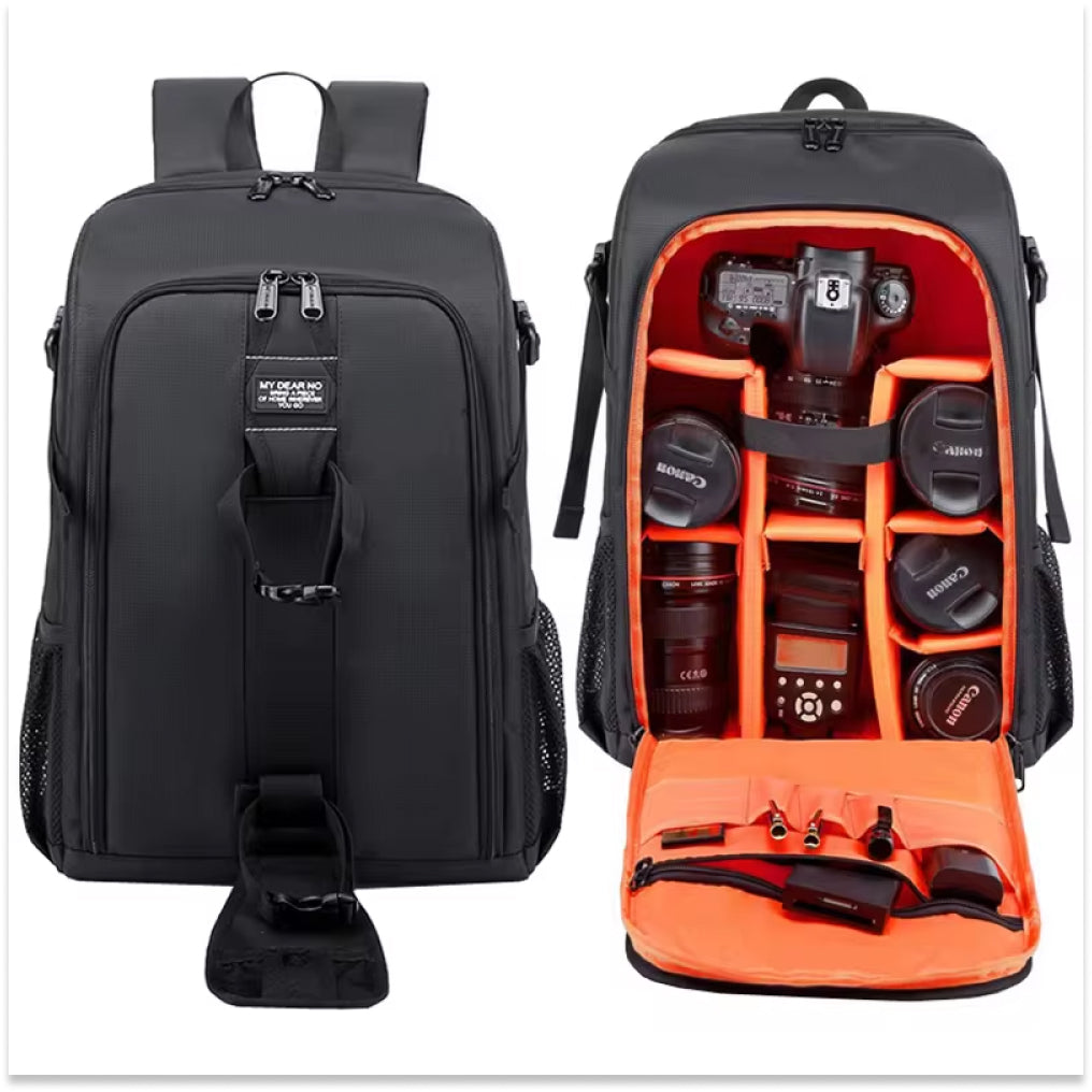 Outdoor-ready waterproof DSLR camera backpack, providing ultimate gear protection for photography professionals on the go.