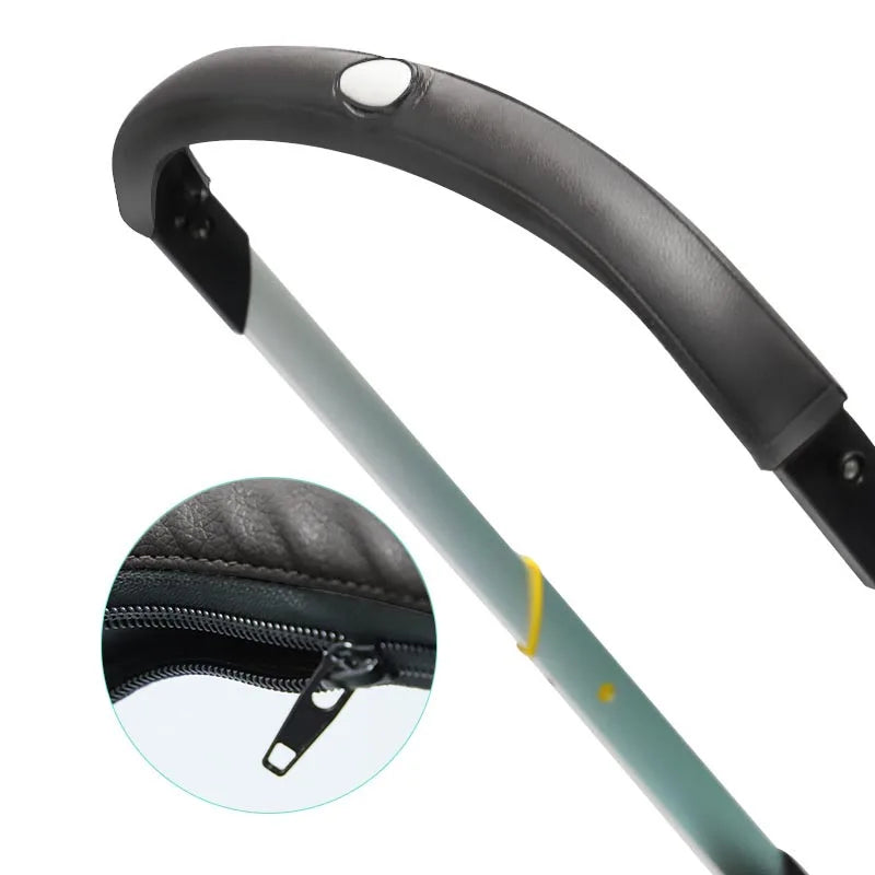 Detail of stitching on PU leather stroller handle protector, quality baby gear