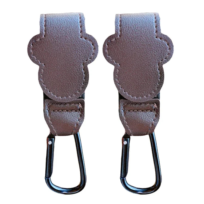 Tan PU leather universal stroller hook clip organizer, diaper bag hanger pram