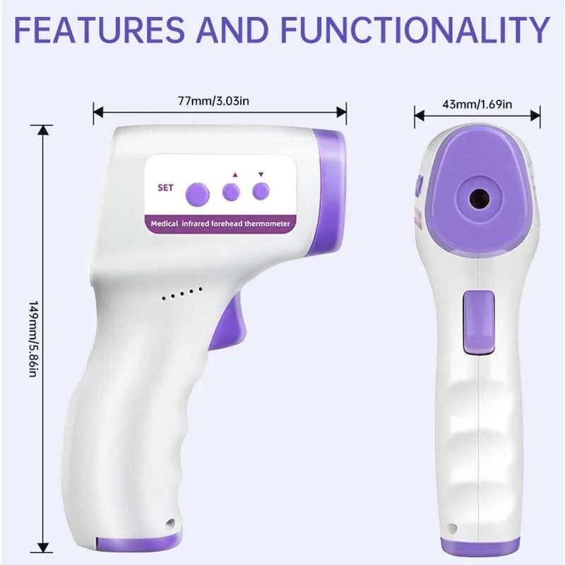 Purple digital non-contact infrared thermometer for quick, safe temperature checks for baby & family health.