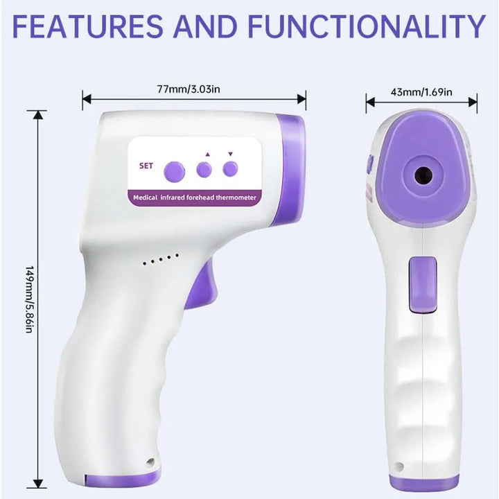 Purple digital non-contact infrared thermometer for quick, safe temperature checks for baby & family health.