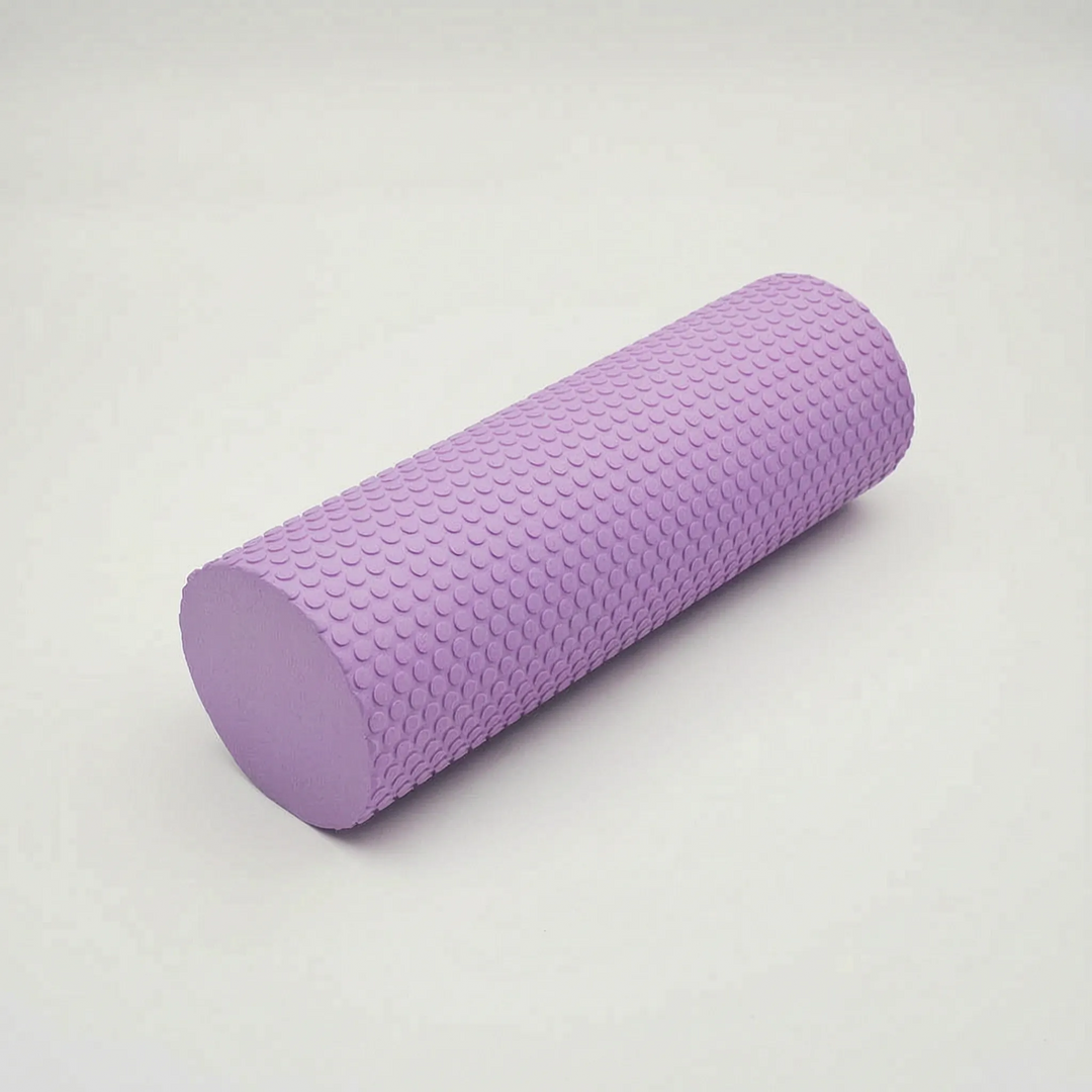 Durable purple foam roller, high-density for self-massage, muscle relief, and post-workout recovery.