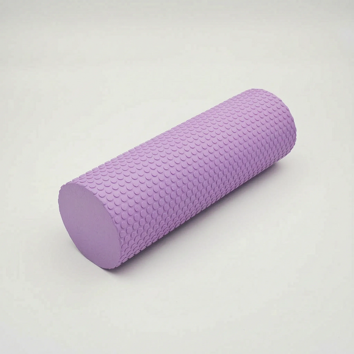 Durable purple foam roller, high-density for self-massage, muscle relief, and post-workout recovery.