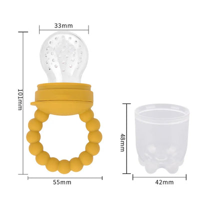 Baby fruit feeder pacifier open, showing the internal mesh for holding food