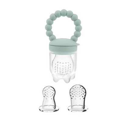 Instructional image of how to assemble a baby fruit feeder pacifier with fruit
