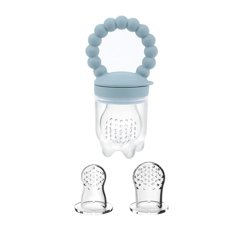 Blue baby fruit feeder pacifier with a secure handle, perfect for little hands to grip