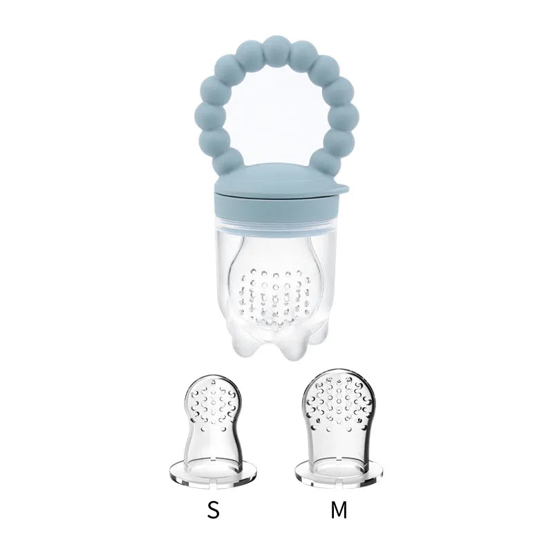 Three BPA-free silicone baby fruit feeders in pink, blue, and green for teething