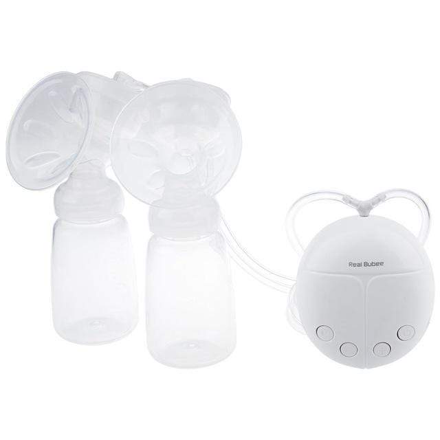 Close-up of a double electric breast pump, showing flanges and bottles, highlighting its quiet operation for discreet nursing.