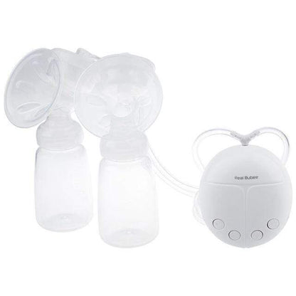 Close-up of a double electric breast pump, showing flanges and bottles, highlighting its quiet operation for discreet nursing.