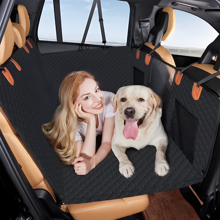 Quilted dog car seat extender provides a safe, stable platform for pets during travel.