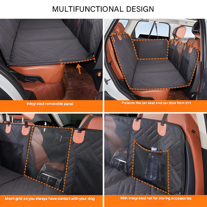 Dog safety car seat extender, quilted for comfort, perfect pet travel accessory.