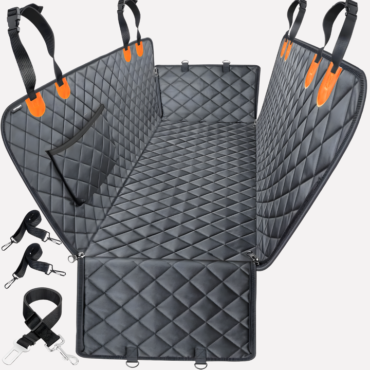 Quilted waterproof dog car seat hammock cover protects vehicle seats from scratches and dirt during pet travel.