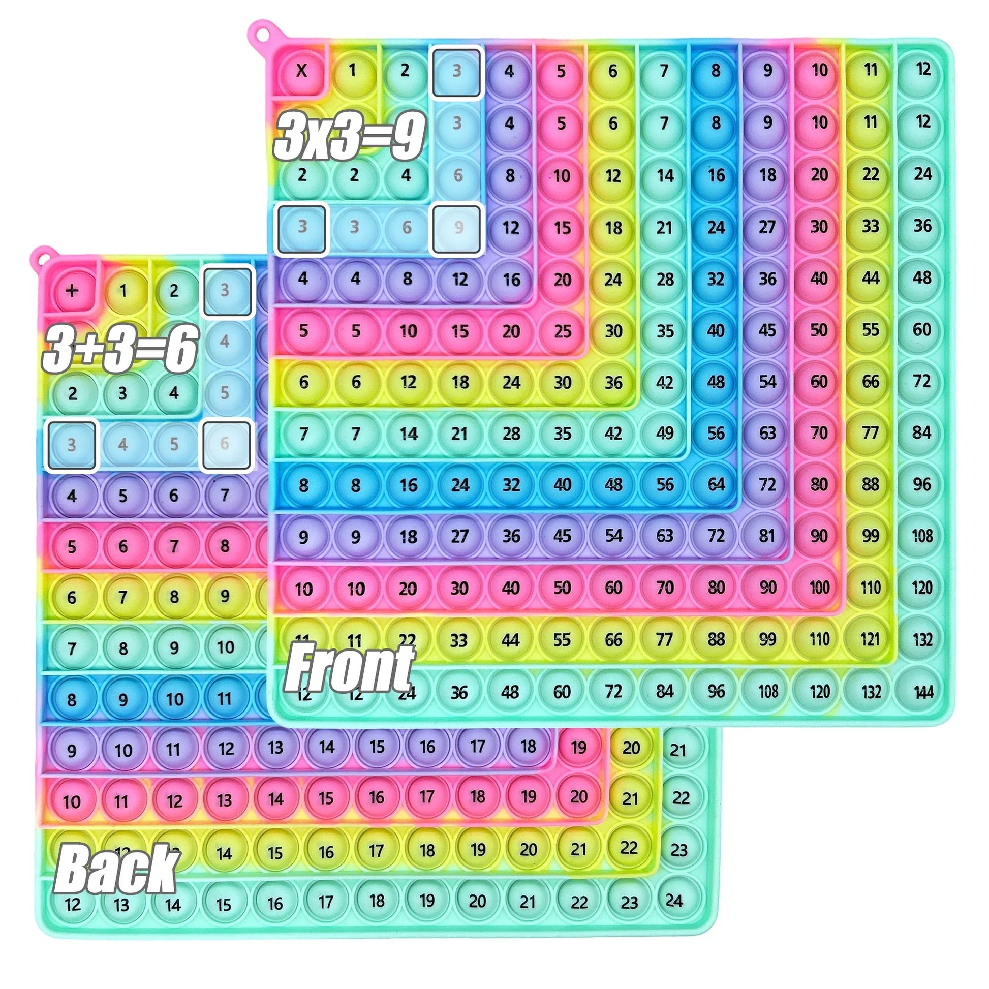 Rainbow math fidget popper board for kids; educational sensory stress relief toy