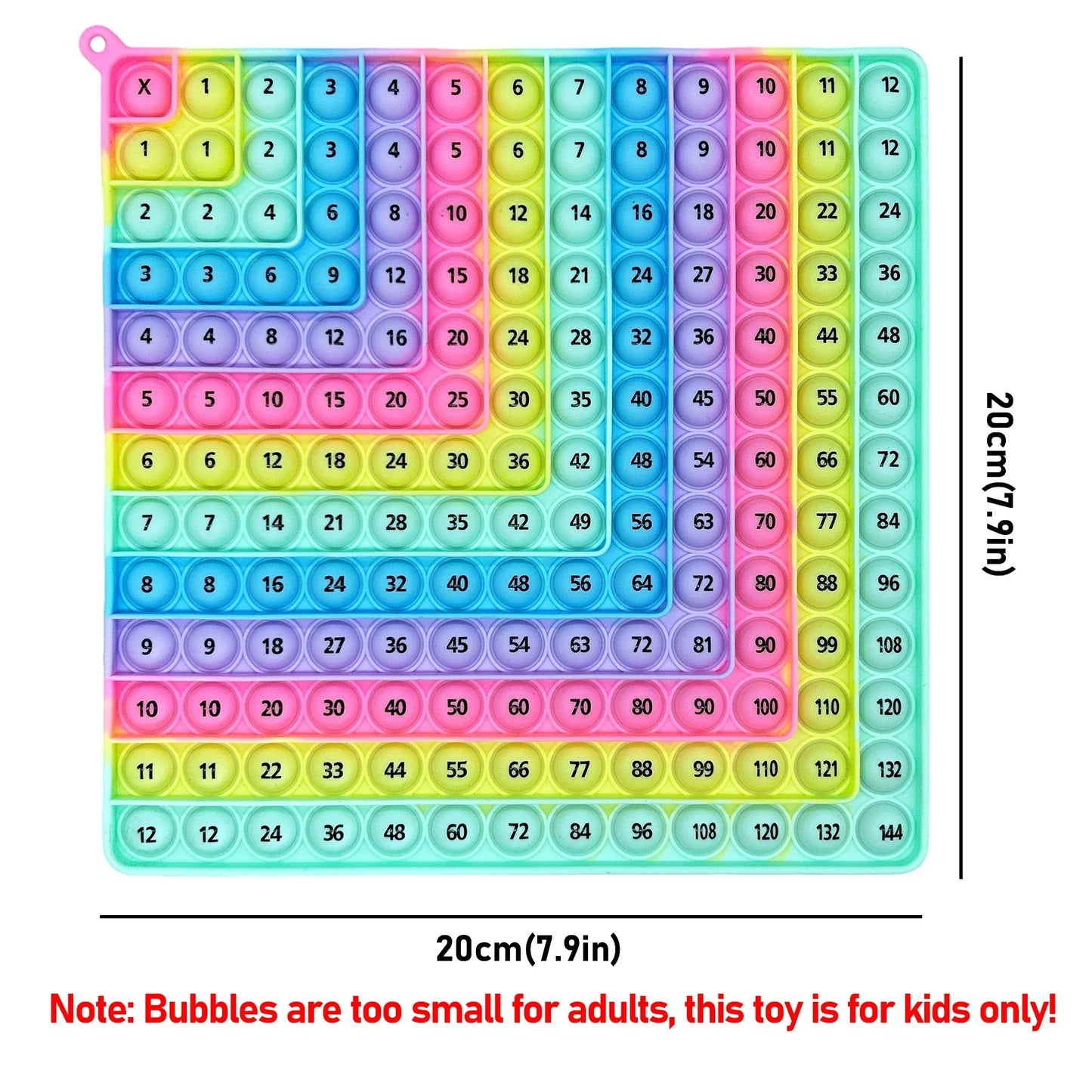 Close-up of a colorful rainbow fidget popper board, ideal for kids' math learning