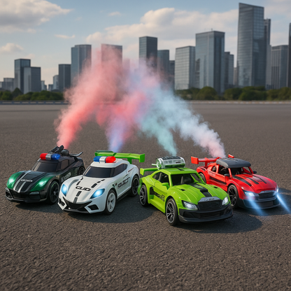 RC stunt car with bright LED lights, mist effect, rechargeable battery, perfect for kids.