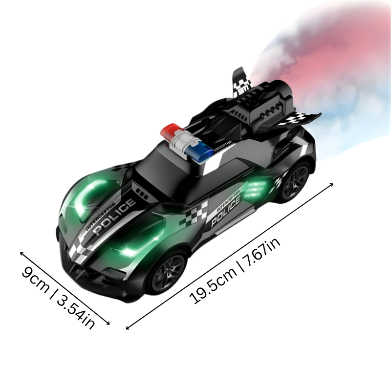 Remote control stunt toy car in blue with mist and colorful LED lights, a fun kids gift.