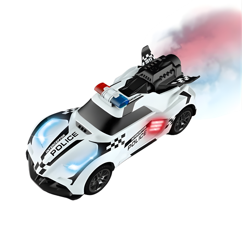 Durable RC stunt vehicle for kids, featuring mist and vibrant LED lights, rechargeable design.