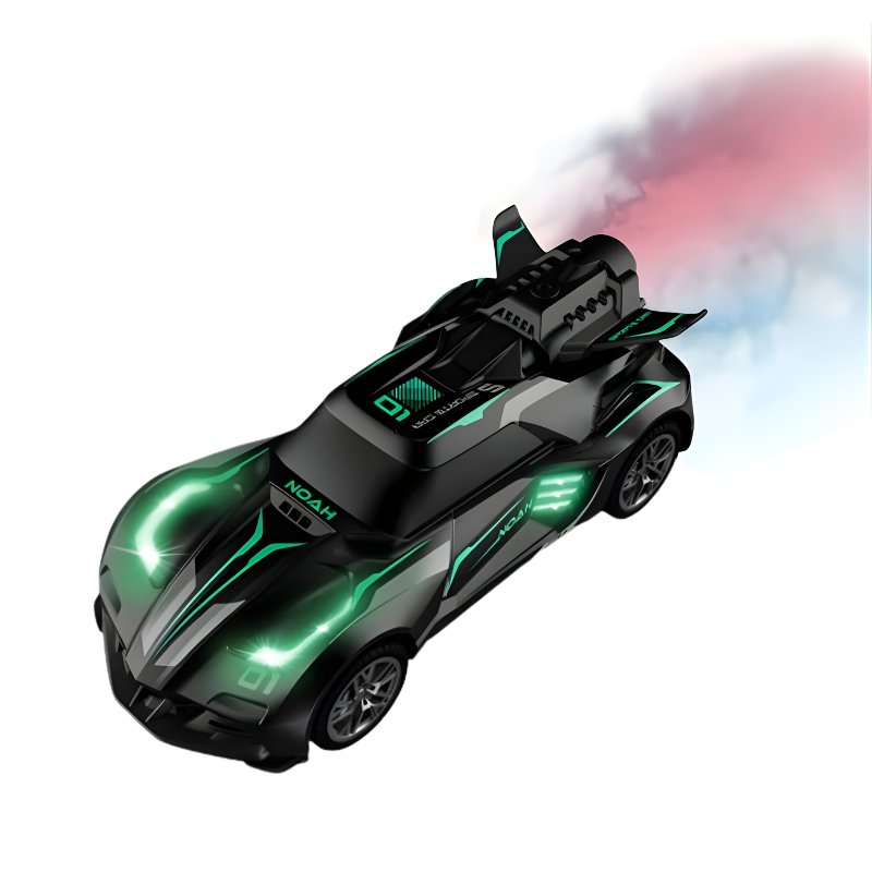 Rechargeable RC car performing a stunt, emitting mist with multi-color LED lights, a cool toy.
