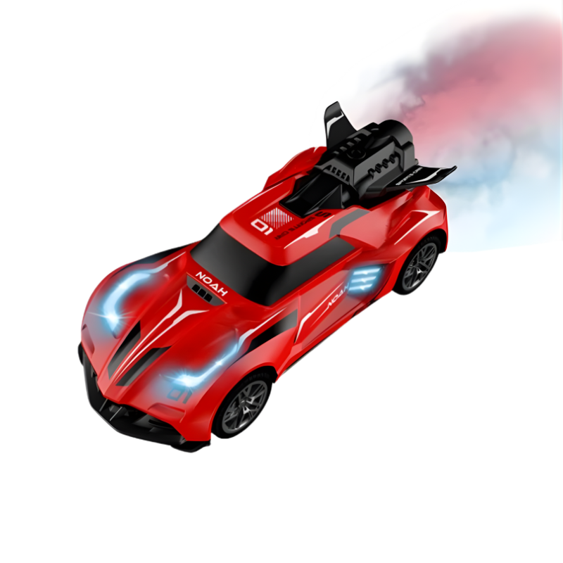 Close-up of a remote control stunt car's LED lights and mist effect in action, exciting kids toy.