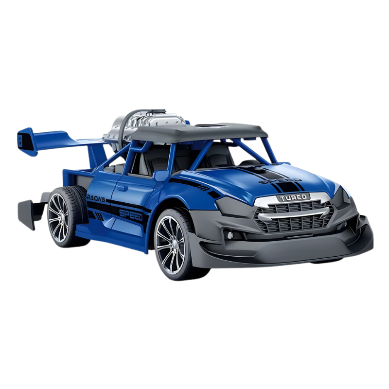 Kids playing with a rechargeable RC stunt car, showing its mist and LED light features.