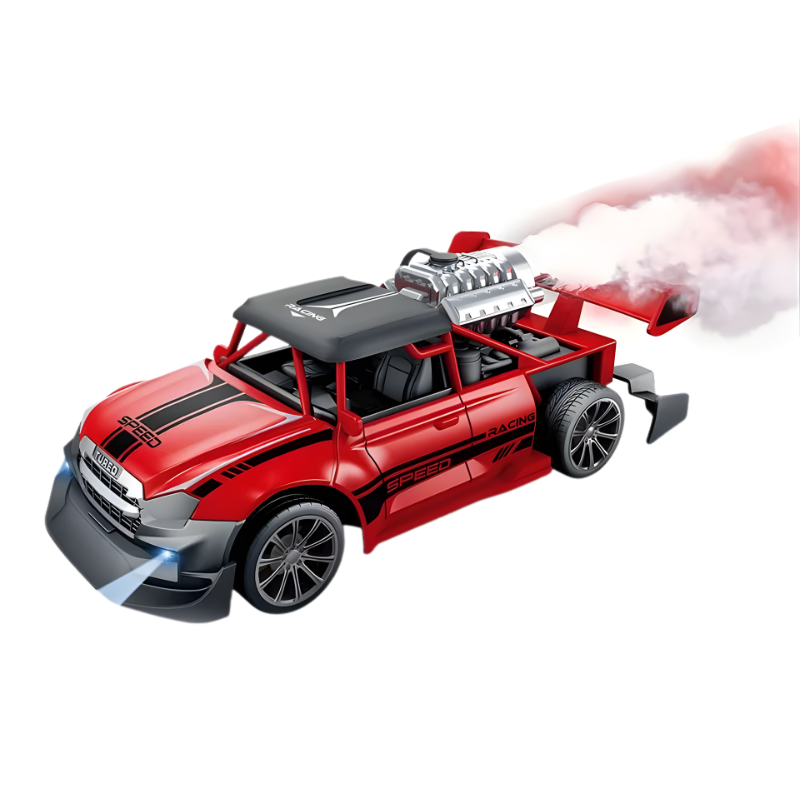 Dynamic RC stunt car with glowing LED lights and mist plume, an interactive toy vehicle.