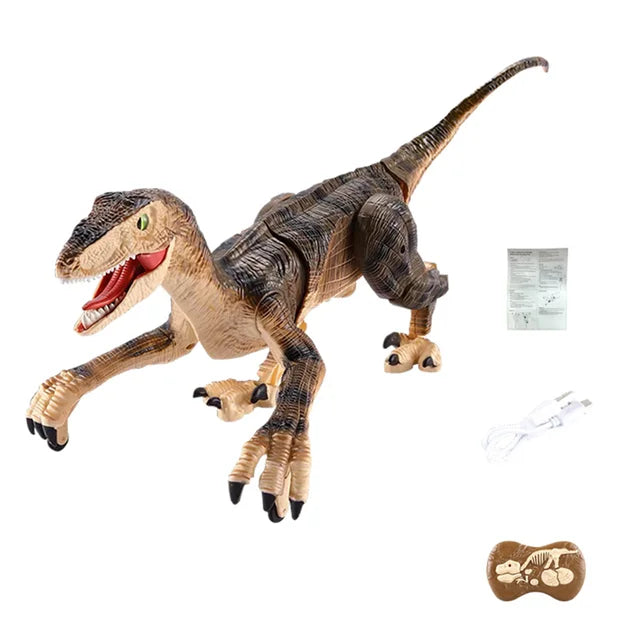 Kids playing with interactive RC dinosaur toy, walking velociraptor, fun educational gift.