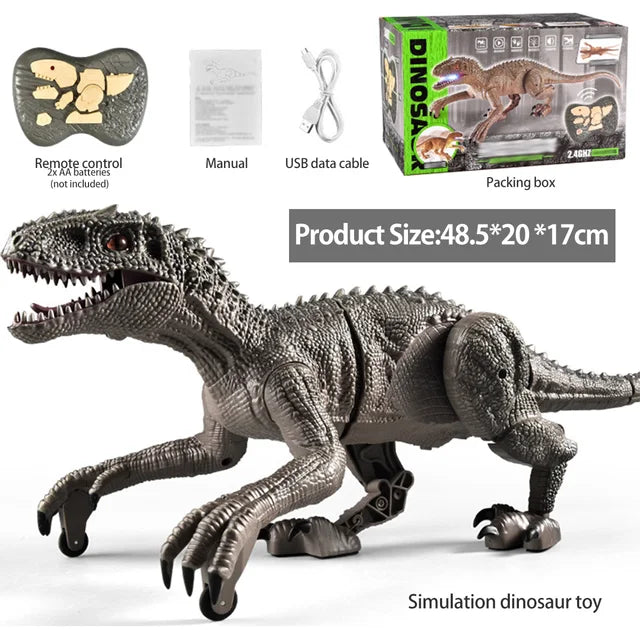 Close-up of RC remote control walking dinosaur toy, detailed velociraptor for interactive play.