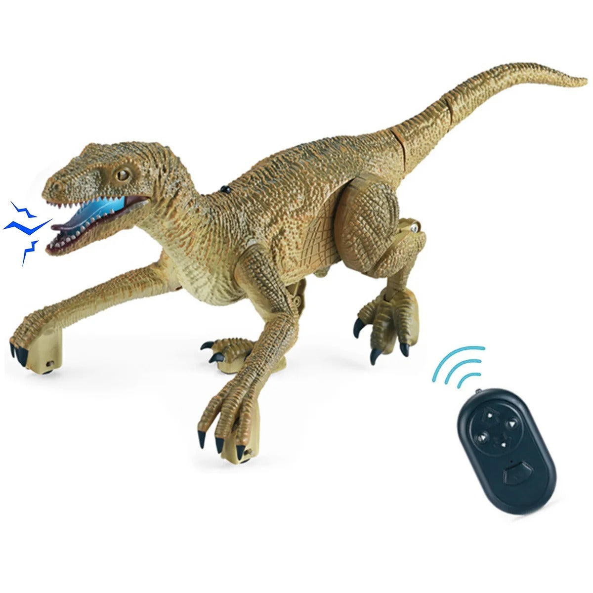 Child holding remote controlling a walking velociraptor dino toy, educational and interactive.