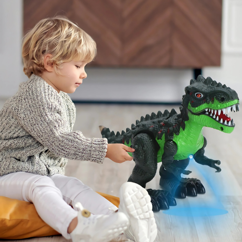 Realistic green T-Rex dinosaur toy with glowing red eyes, open mouth roaring, walking on a dark background.