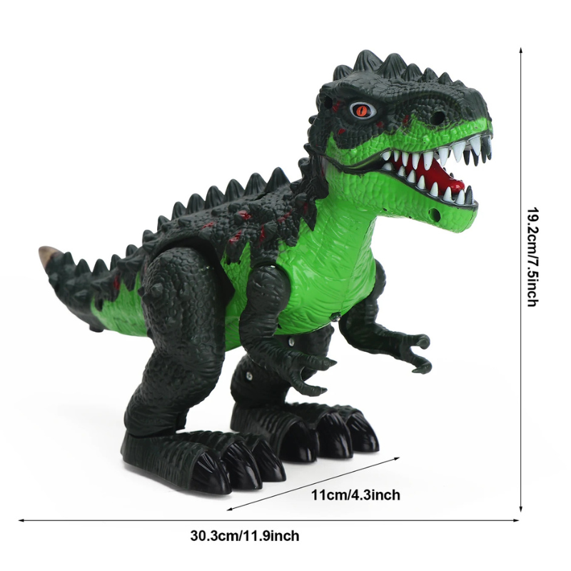 Child playing with an interactive walking dinosaur toy, featuring LED lights on its back and sound effects.